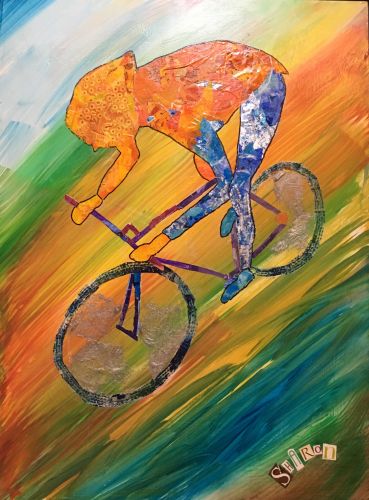 Mountain Biker, (C)Sharon Krulak. Torn paper collage, mixed media 20x24