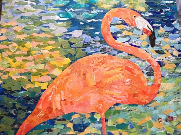 Flamingo torn paper collage, by Sharon Krulak
