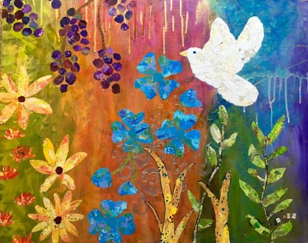 Garden of Peace torn paper collage by Sharon Krulak