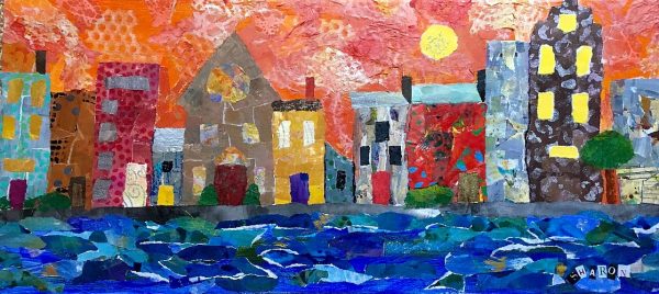 Harbor Moon, Torn Paper Collage, mixed media, by Sharon Krulak