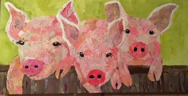 Piggy Giggles, torn paper collage of piglets