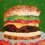 Cheeseburger on green background, torn paper collage