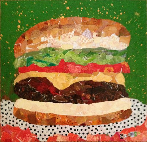 Cheeseburger on green background, torn paper collage