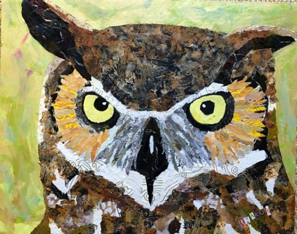 Wise Guy, Owl by Sharon Krulak, torn paper collage artist