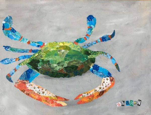 Torn paper collage, mixed media, crab
