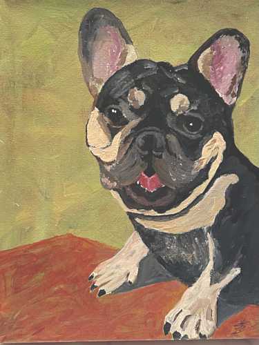 Louie, mixed media commission art by Sharon Krulak, mixed media artist